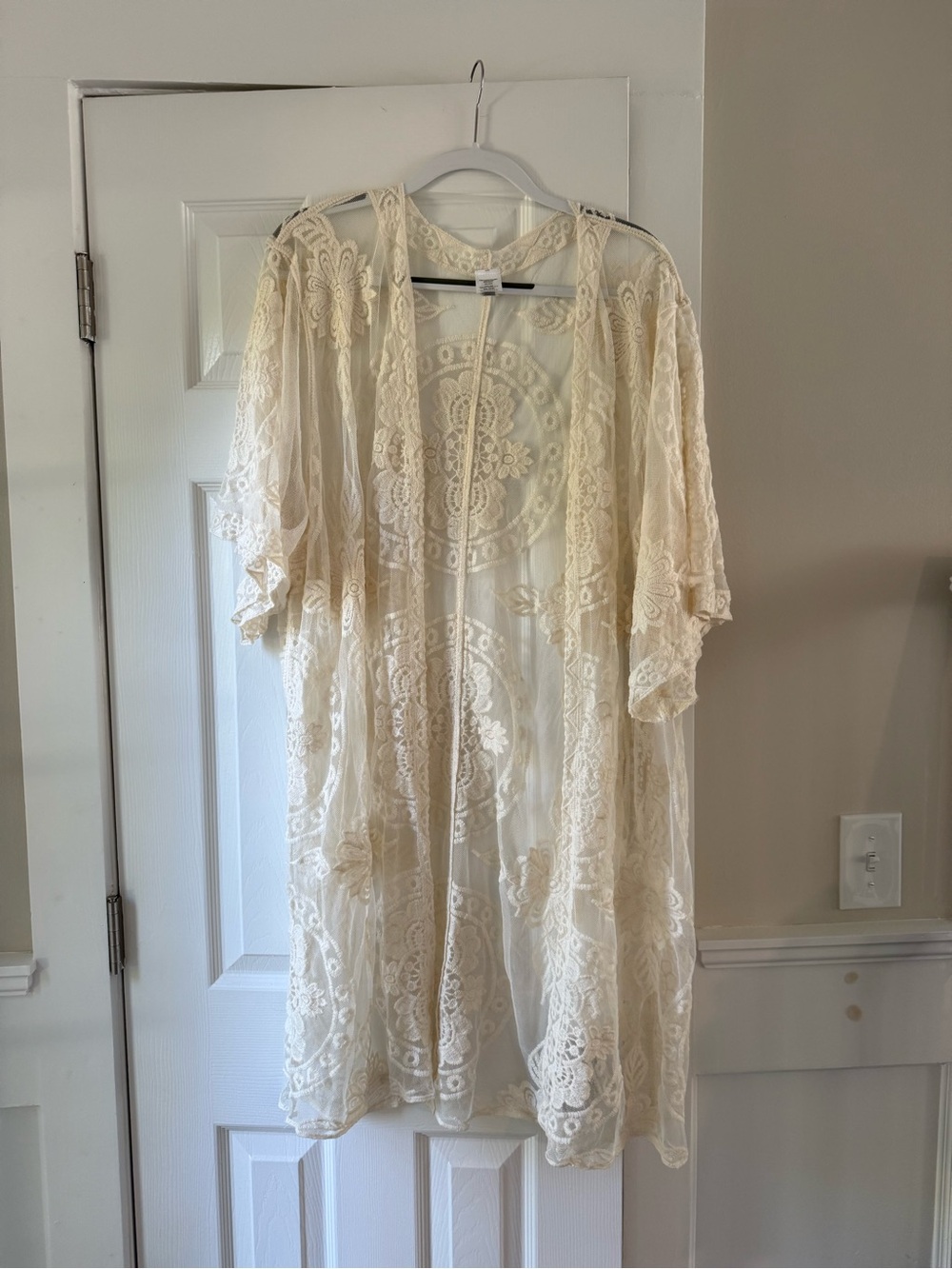 Ivory open-front lace kimono intricate sheer floral & mandala pattern 2X/3XL EC1